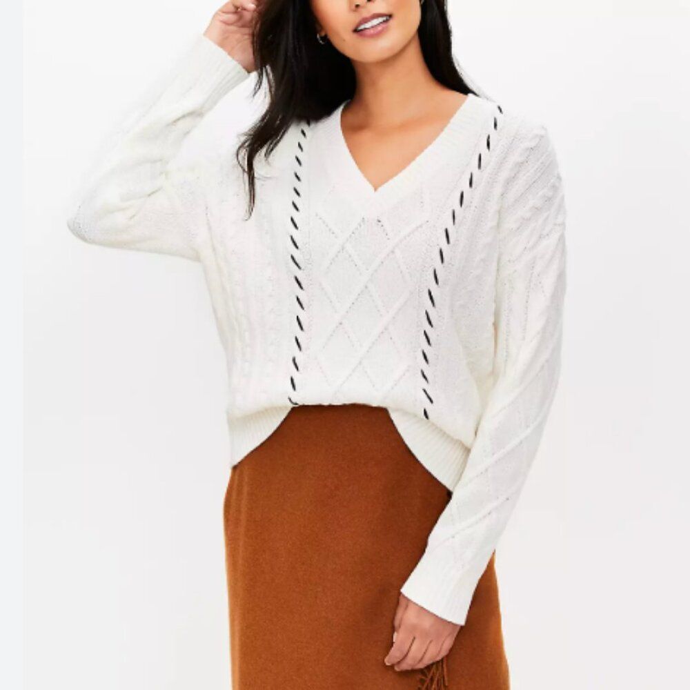 Women LOFT Stitched V-Neck Cable Sweater Casual Fit in Cream Size Large